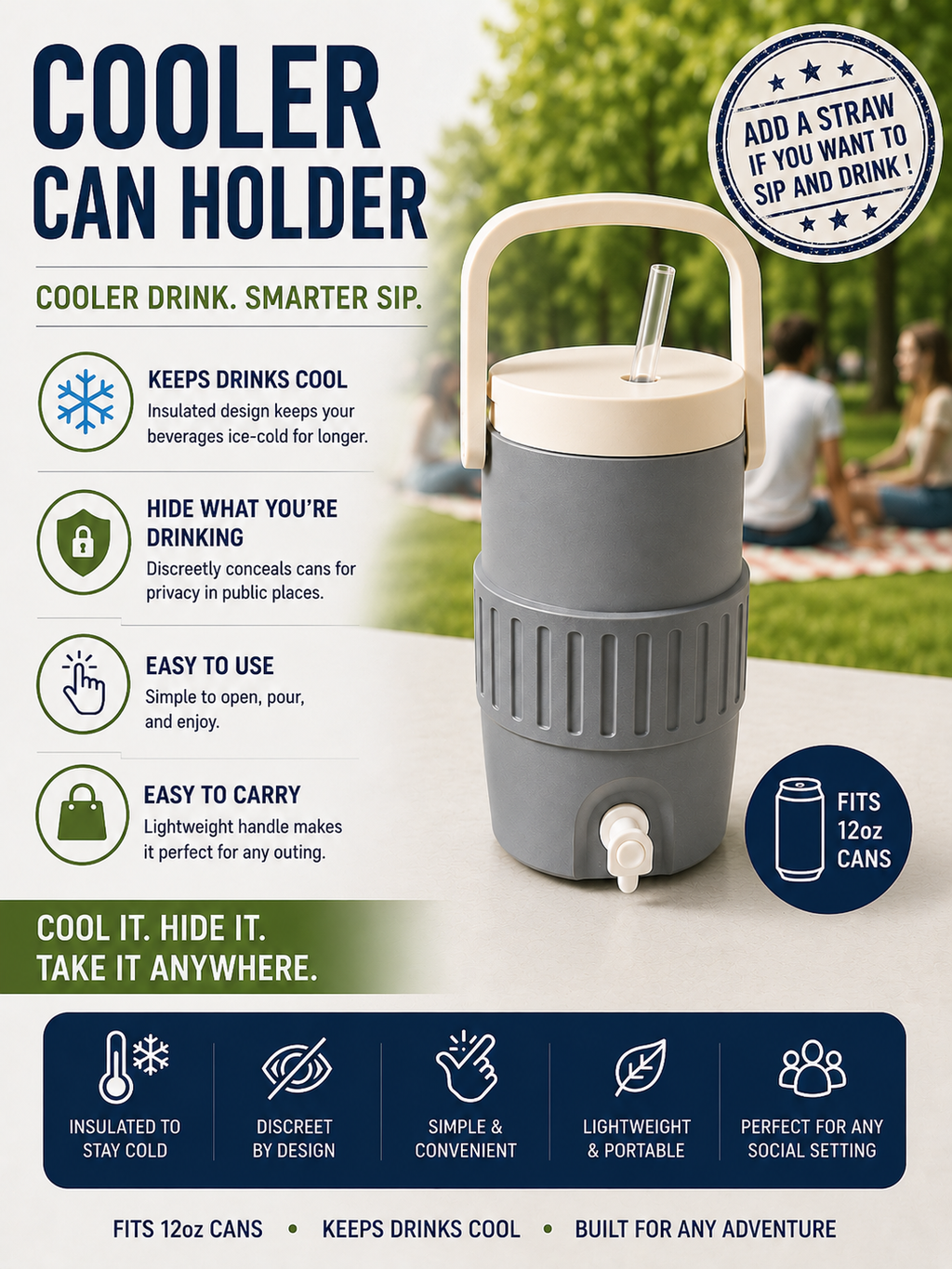 Cooler Can Holder 12oz *With Straw Lid*